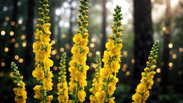 Cinematic close up of yellow mullein flowers swaying gently against a dark moody forest background with soft bokeh lighting