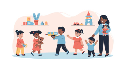 Fototapeta premium Friendly teacher and a group of diverse children playing with various toys in a bright and colorful classroom setting at a preschool.
