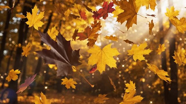 Ultra slow motion floating golden autumn leaves drifting in air with luxury cinematic lighting creating elegant seamless loop background for premium branding advertising and high end visual design