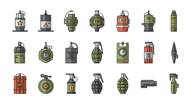 Extensive set of pixel art icons representing various military explosives grenades landmines and dynamite bundles on a white background.