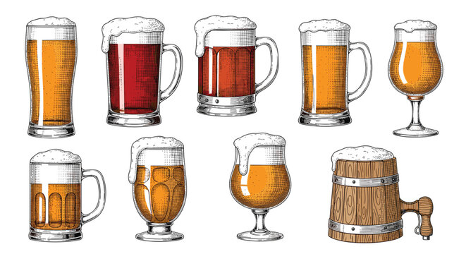 Collection of various beer glasses and mugs filled with different types of ale and lager topped with thick foam in an engraved style.