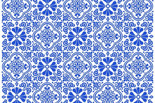 Seamless blue and white floral damask ceramic tile pattern background with seamless, ornament