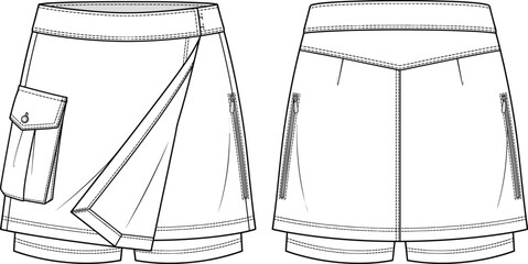 Obraz premium Technical flat fashion sketch of skort with overlapping skirt panel, flap pocket, zippered back pockets, and layered construction details