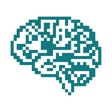 Pixelated Brain Symbol Representing Artificial Intelligence and Digital Cognitive Processing