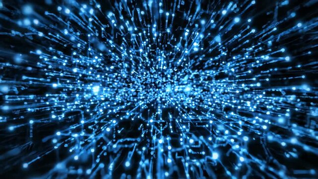 Cinematic motion graphics of glowing blue digital data streams branching out through a dark cyber space network with bright neon points