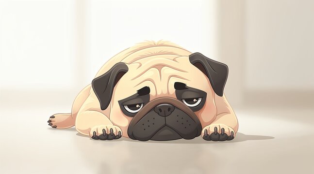 Cute Cartoon Pug Dog Lying Down with Sad Grumpy Expression.