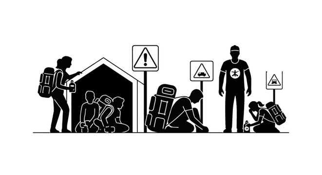 Minimalist black and white vector icons of displaced people with backpacks seeking shelter near warning signs, representing a humanitarian crisis or disaster evacuation.