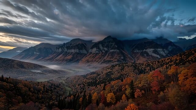 Dramatic sunbeams through clouds over autumn mountain forest