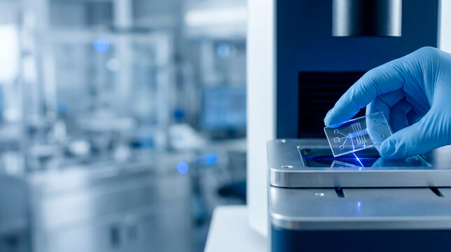 Close-up of scientist's gloved hand placing microfluidic chip for lab on chip testing driving healthcare innovation genomics in modern research facility