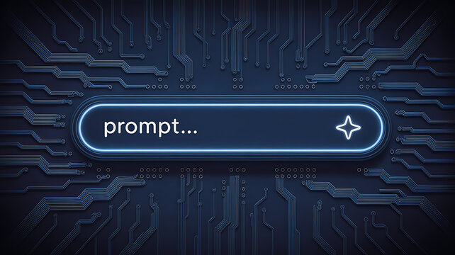 Artificial intelligence search bar with prompt text on dark blue electronic circuit board background representing machine learning technology and modern digital interface concepts.