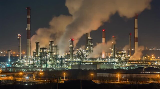 Industrial refinery complex at night with smoke plumes