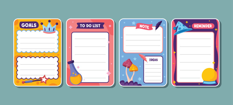 Colorful flat design planner with goals, to-do, notes, and reminders