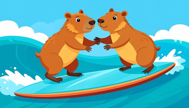 Two Cartoon Bears High-Fiving While Surfing on a Bright Red Surfboard in a Vibrant Ocean with Waves and Blue Sky Background, Playful Adventure Illu...