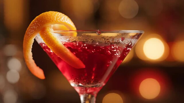 Close up shot of a vibrant red cocktail in a martini glass decorated with a spiral orange peel over a soft bokeh background