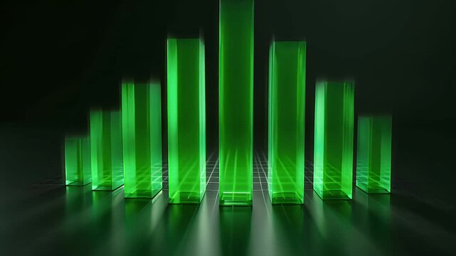Finance green bar chart graph 3d glass column grid floor abstract business analytics background with glowing glow neon light showing growth profit investment performance data technology concept grid