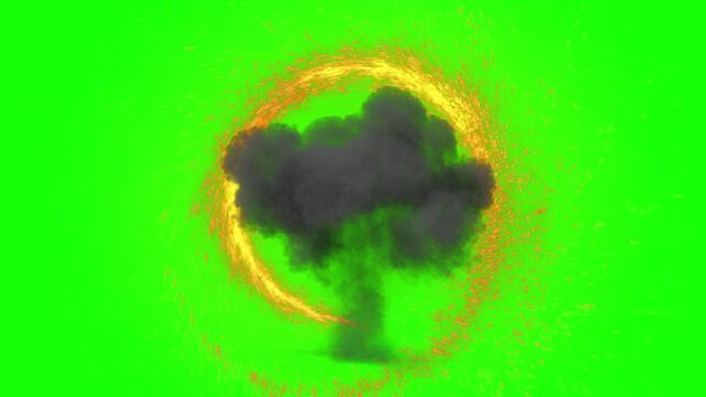 Smoke explosion expands inside a glowing golden ring of fire, creating a powerful visual contrast suitable for action-oriented cinematic sequences and graphic design.