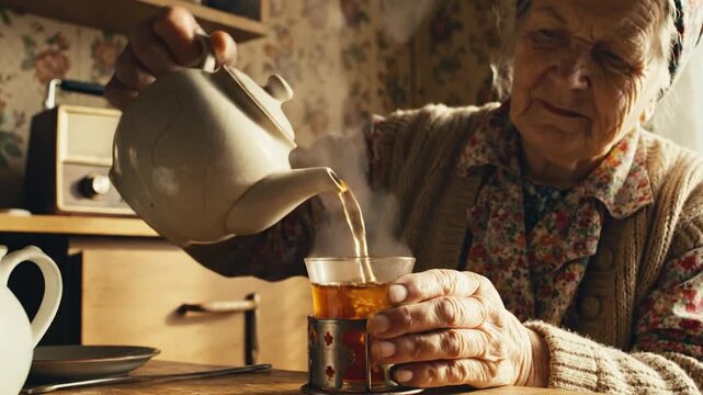 Elderly woman pouring hot tea in rustic kitchen.