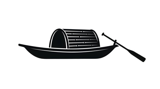 Silhouette vector of a traditional Asian sampan or wooden canoe boat with a canopy roof and single oar, isolated on white.