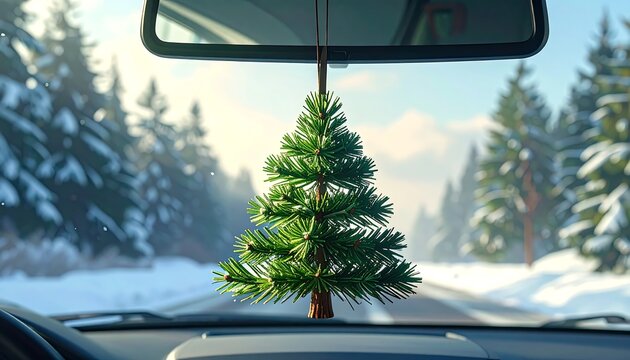 A small pine tree air freshener hangs from a rearview mirror, overlooking a snow-covered forest