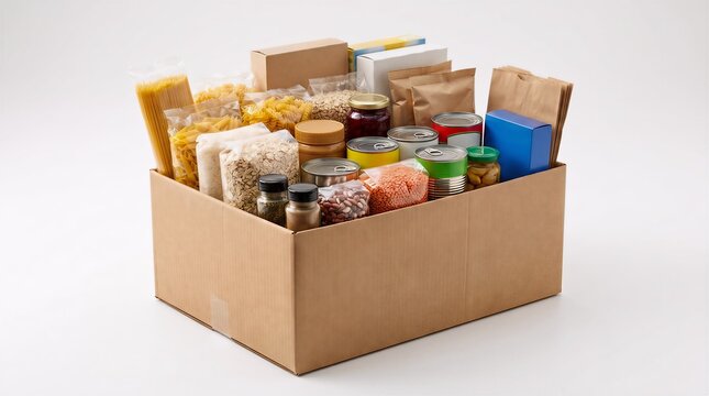 Cardboard box filled with assorted non-perishable food supplies for donation supplies groceries cardboard assistance community essential collection