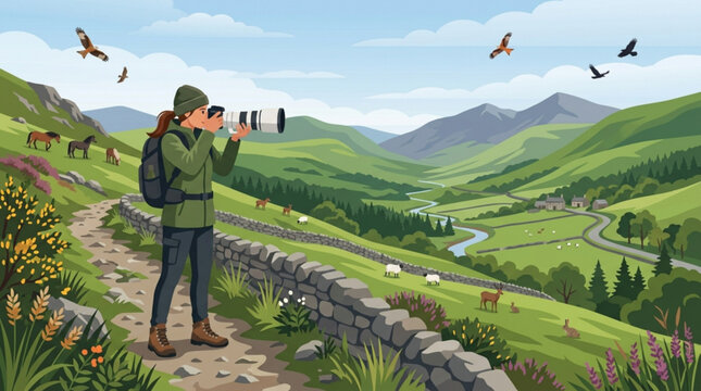 Woman photographer with backpack and camera in a scenic valley observing wildlife and landscape outdoor hobby concept