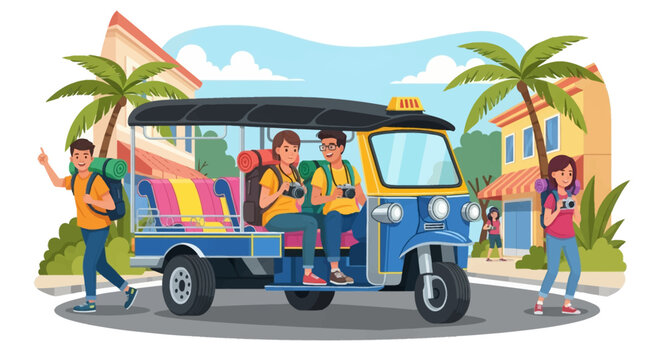 Vector illustration of young tourists traveling by blue tuk-tuk in a tropical city. Backpackers with cameras explore urban streets with palm trees, bright buildings, and sunny sky.