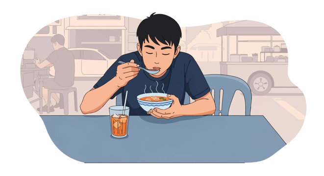 Flat vector illustration of a young Asian man eating steaming hot noodle soup from a bowl at an outdoor street food stall, featuring a glass of iced tea and a busy urban background with a car.