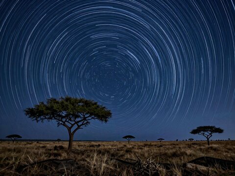 Star Trails over Masai Mara Savanna with Acacia Tree