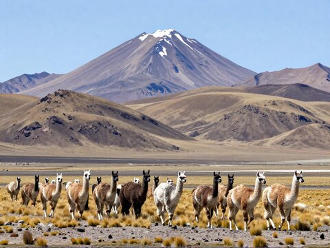 Vicuna Herd Walking on Andean Highland Plain Peru