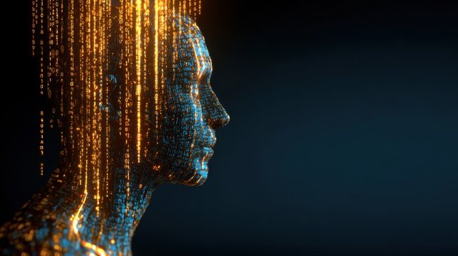 Digital human profile with glowing binary code data streams, AI concept