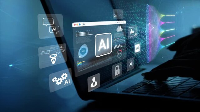 AI document analysis and management. Intelligent structure analysis and information extraction. Automated document processing and knowledge management. Businessperson using computer