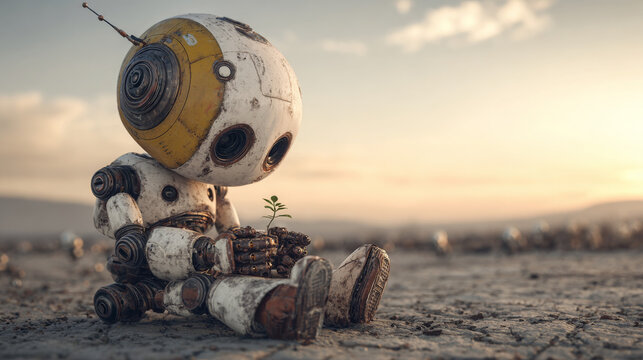 Futuristic AI Robot Caring for Nature with Small Growing Plant