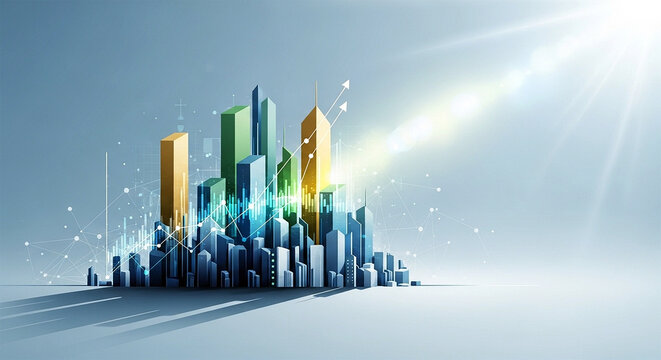 Abstract city skyline with digital financial growth charts and stock market data visualization
