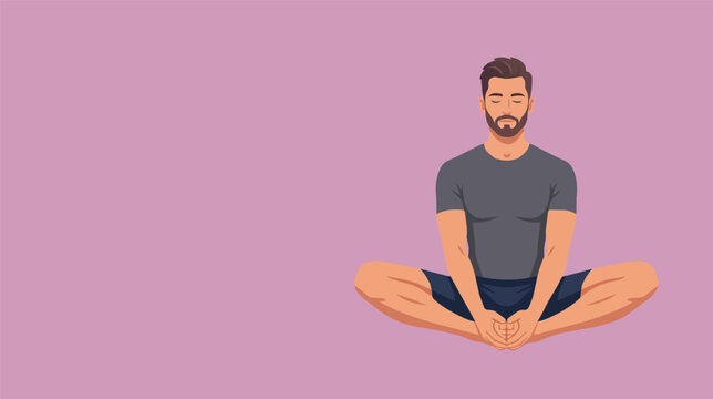 Butterfly stretch yoga pose vector illustration with calm man performing baddha konasana exercise isolated on purple background with negative space for wellness designs.