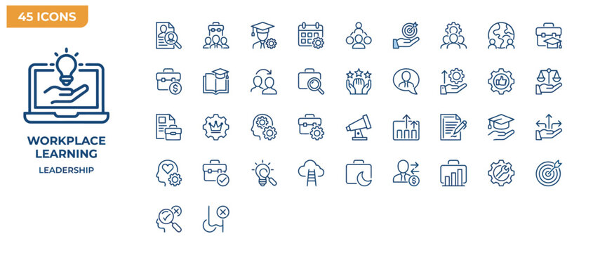Set of 45 workplace learning and leadership line icons for professional business development.