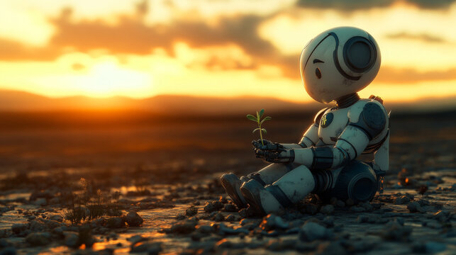 Cute AI Robot Holding a Small Plant Symbolizing Hope and Sustainability
