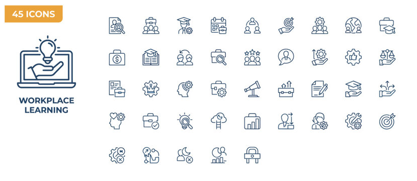 Comprehensive collection of 45 workplace learning icons for corporate training and development.