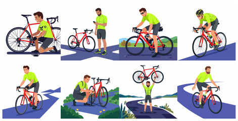 Fototapeta premium Set of Professional Cyclist Character Activities and Road Bike Maintenance Vector Illustrations