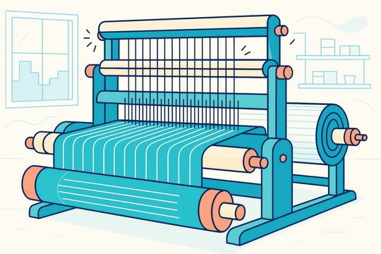 Textile weaving machine illustration in bright colors with yarn rolls, shown in a light interior background for industrial process concept. Ai generative