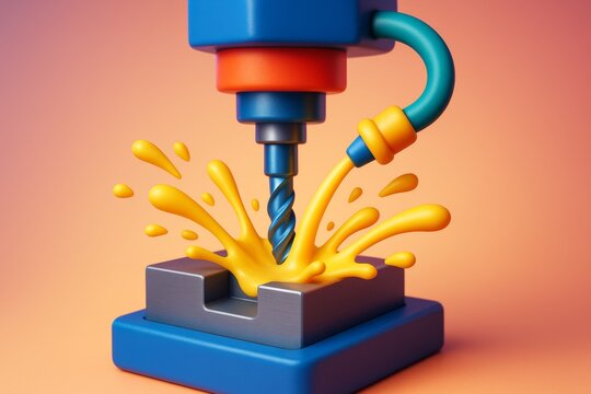 Colorful CNC machine drilling metal block with yellow fluid splash on vibrant background in playful creative art style. Ai generative