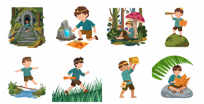 Adventure boy explorer set, little forest traveler illustrations, childhood fantasy journey and treasure hunting vector collection.