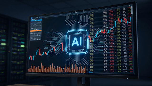 Computer monitor displaying complex artificial intelligence trading platform with stock market data visualization and glowing microchip interface for algorithmic financial investment.