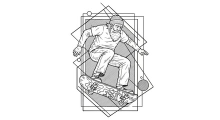 Fototapeta premium Bearded Skateboarder performing trick, geometric art style, illustration