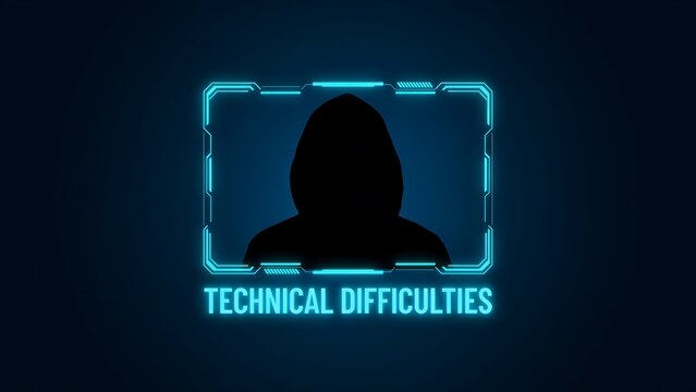 Technical difficulties error concept with hooded silhouette and digital warning frame