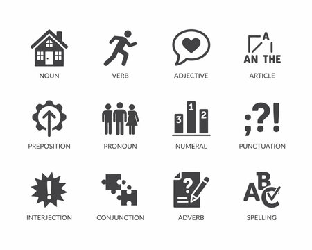 Parts of Speech Grammar Icons Set English Language Education Vector
