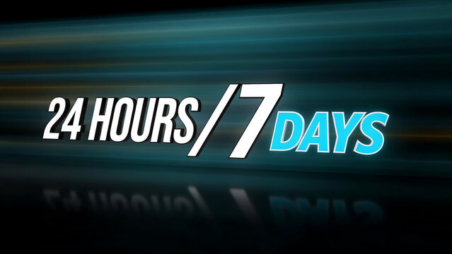 Bright twenty four hours seven days text element with glowing blue light streaks on dark background highlighting permanent support and business service availability concepts.