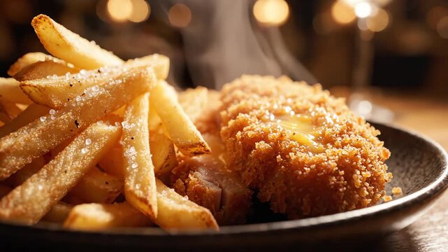 Cinematic close up of steaming hot crispy French fries seasoned with salt served alongside a breaded chicken cordon bleu on a dark plate