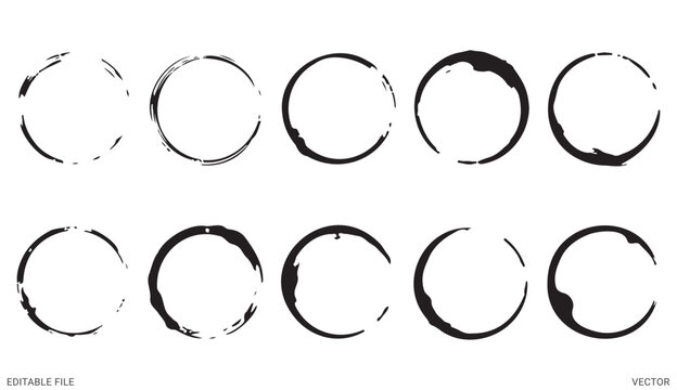 Grunge black coffee cup rings and round ink stains texture vector elements on white background