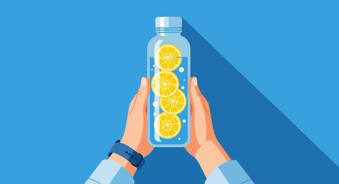 Hands holding a refreshing bottle of water infused with vibrant lemon slices, promoting healthy hydration and detox.