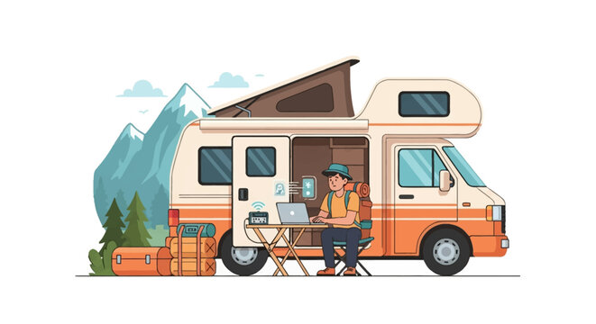 Vector illustration of a digital nomad sitting at a small table with a laptop outside a white and orange camper van parked in a mountain landscape with pine trees.